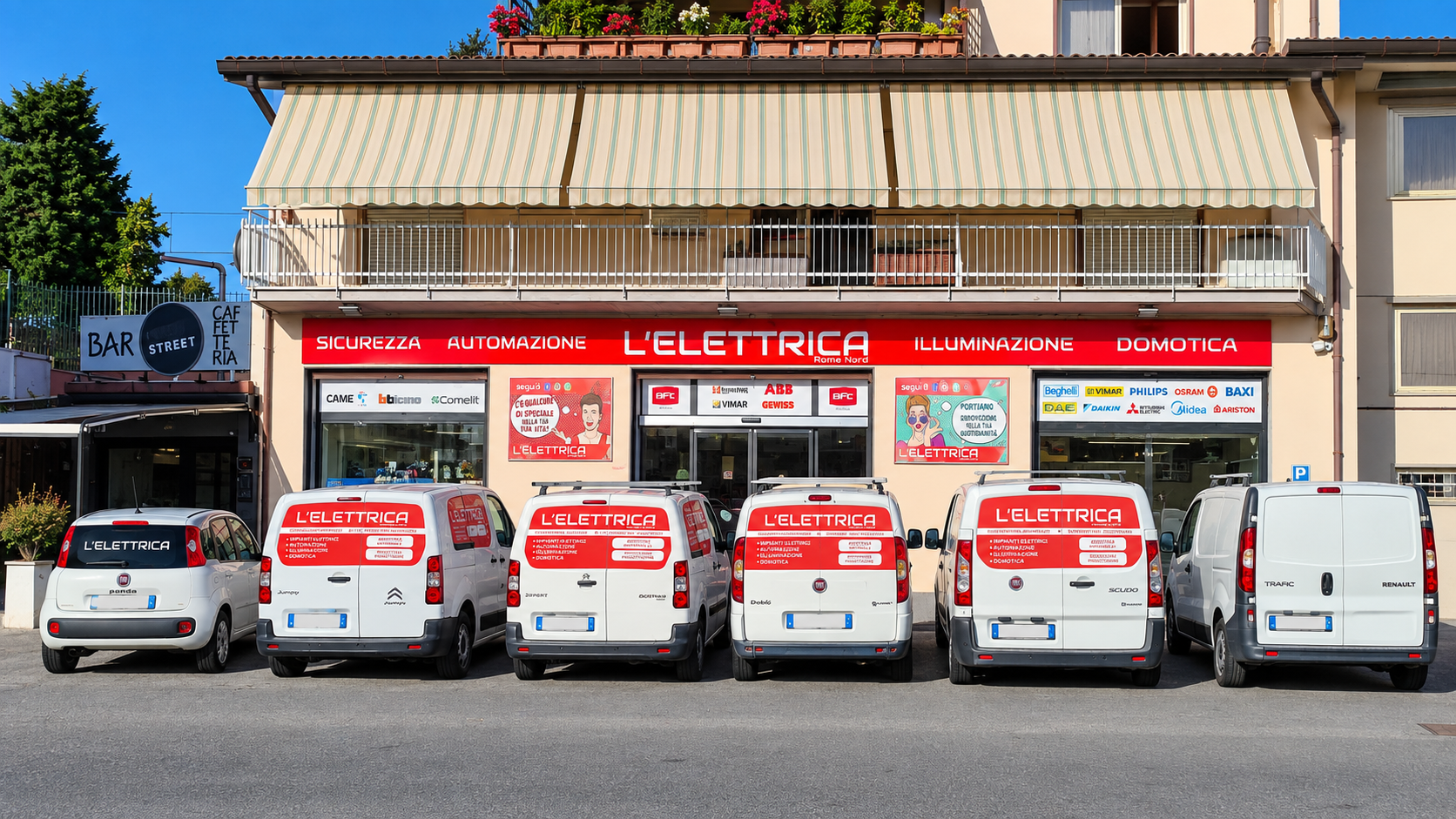 Esterno negozio di Morlupo con flotta aziendale